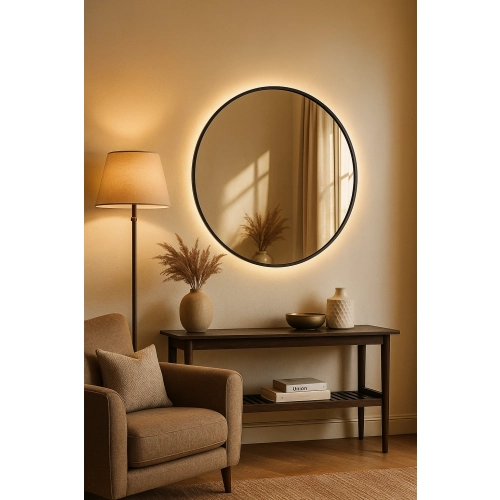 Lustro okrągłe w czarnej ramie MDF SLIM z podświetleniem - OTYLIA LED - kolor ramy do wyboru